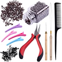 Duufin 500 Piezas Negro Micro Anillos para Extensiones de Pelo y 1 Piezas Alicates 2 Piezas Agujas Gancho 1 Piezas Peine…